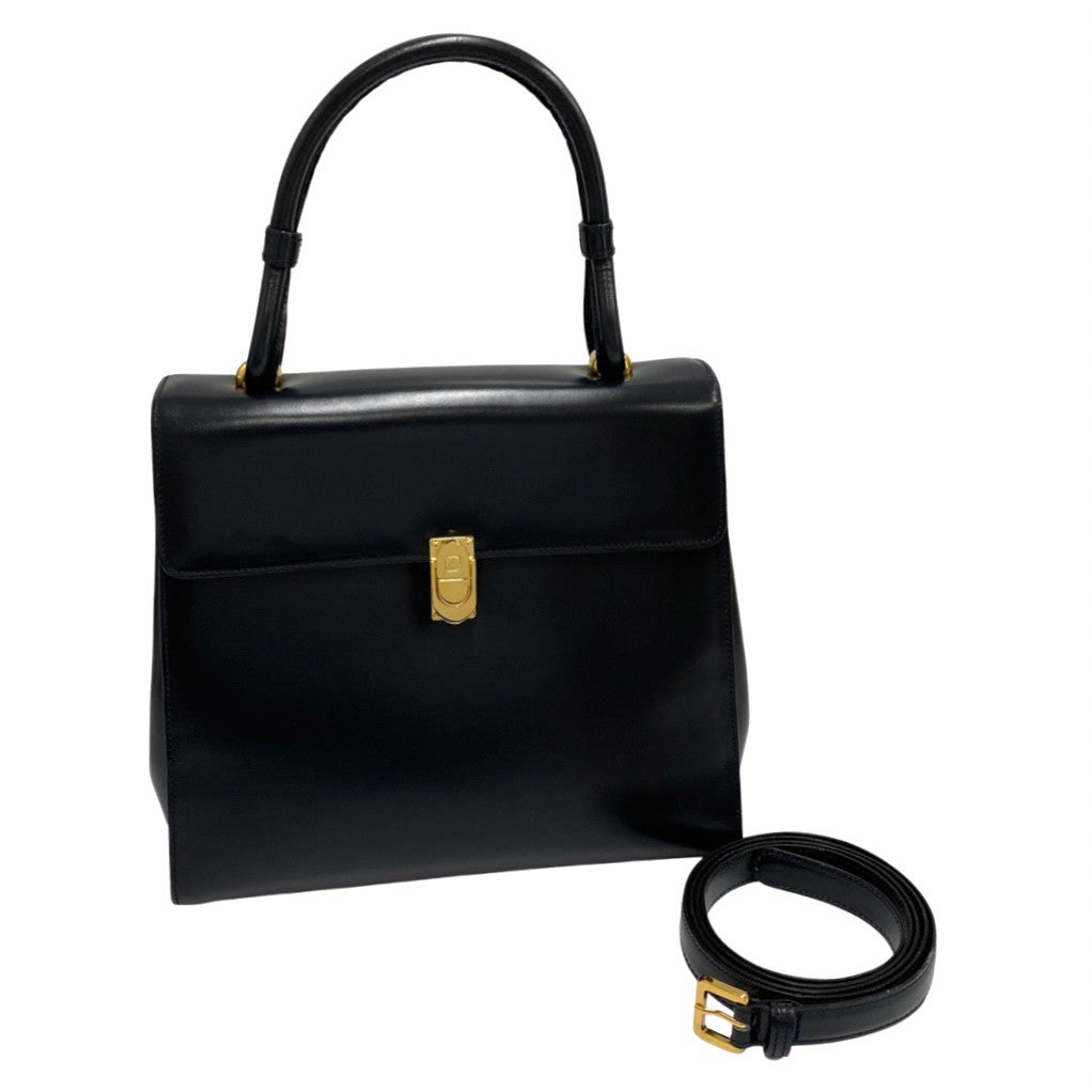 LOEWE Shoulder Bag Calfskin, Leather Navy Anagram logo Metal Women Used Authentic