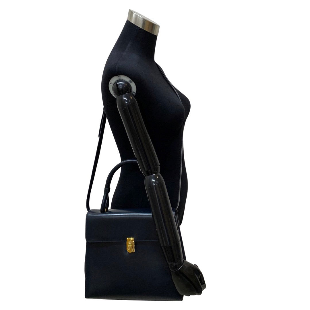 LOEWE Shoulder Bag Calfskin, Leather Navy Anagram logo Metal Women Used Authentic