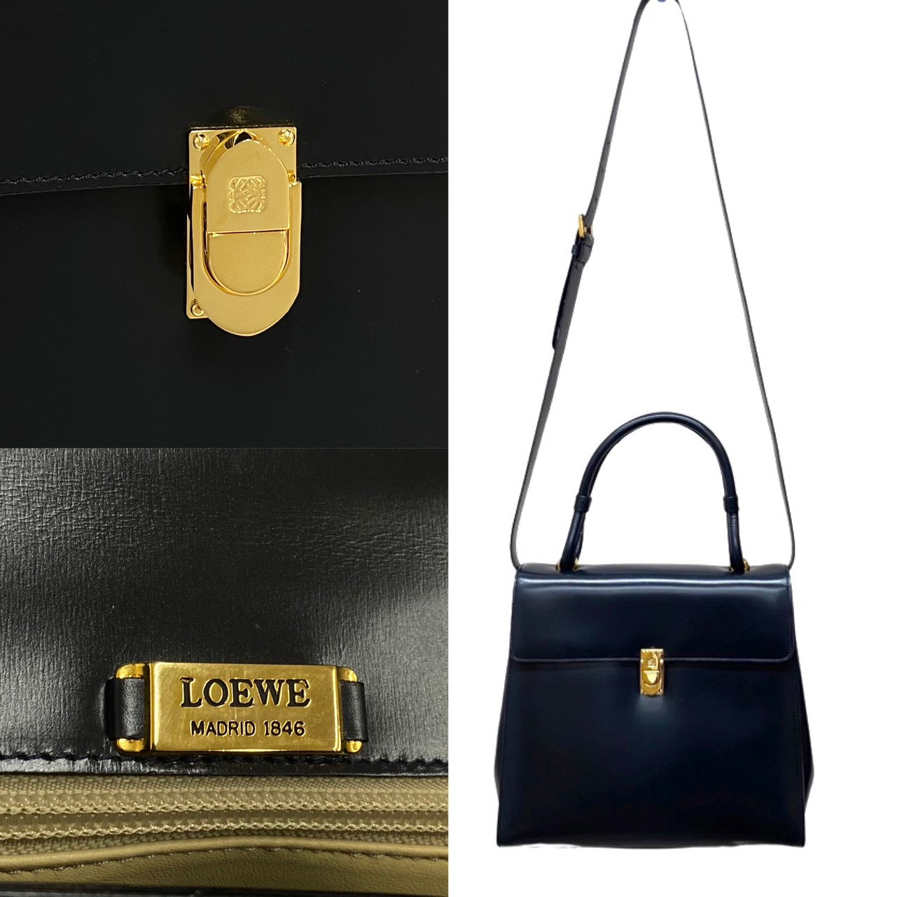 LOEWE Shoulder Bag Calfskin, Leather Navy Anagram logo Metal Women Used Authentic