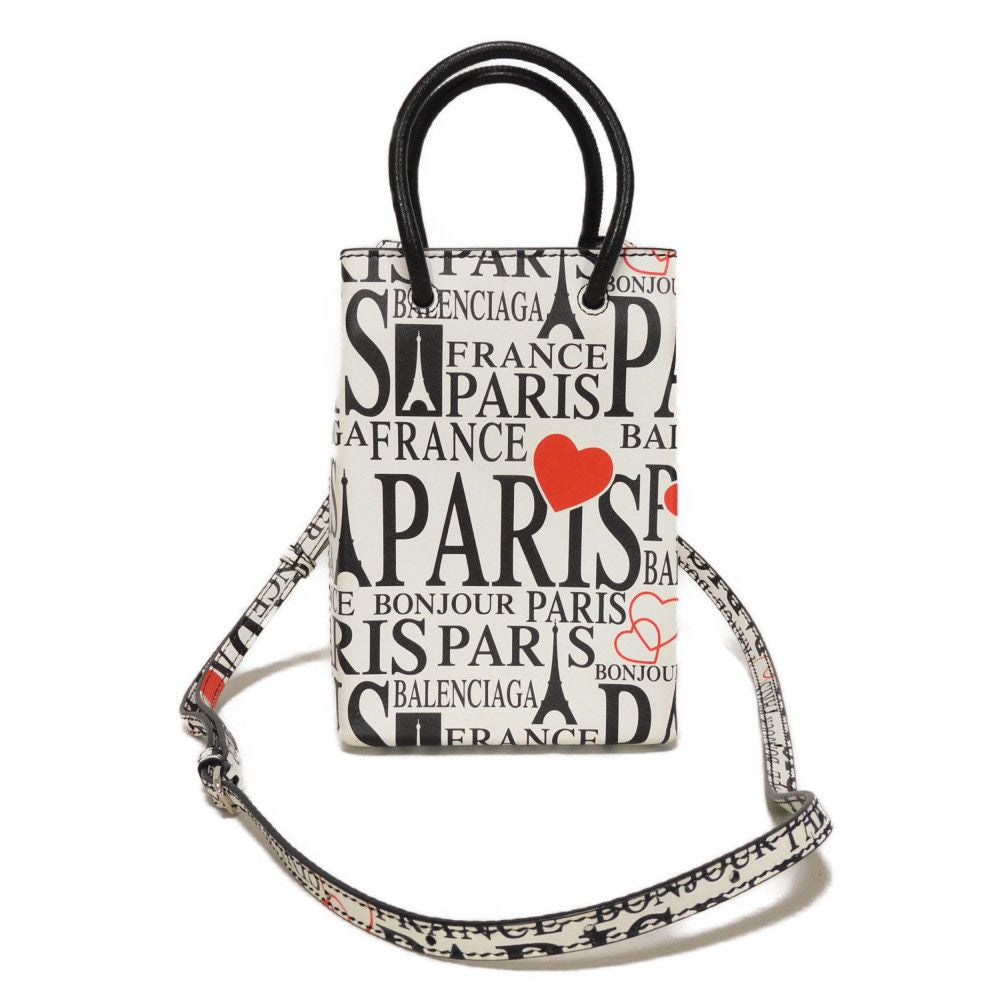 BALENCIAGA Handbag 593826 1BW5N 9065 Calf leather white logo bonjour paris shopping phone holder