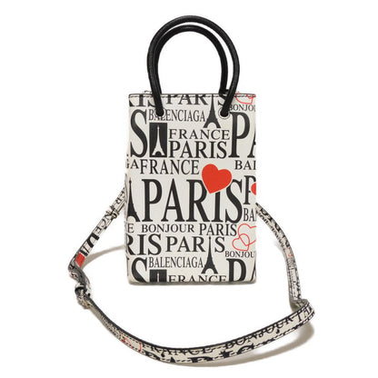 BALENCIAGA Handbag 593826 1BW5N 9065 Calf leather white logo bonjour paris shopping phone holder