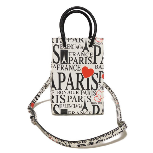 BALENCIAGA Handbag 593826 1BW5N 9065 Calf leather white logo bonjour paris shopping phone holder