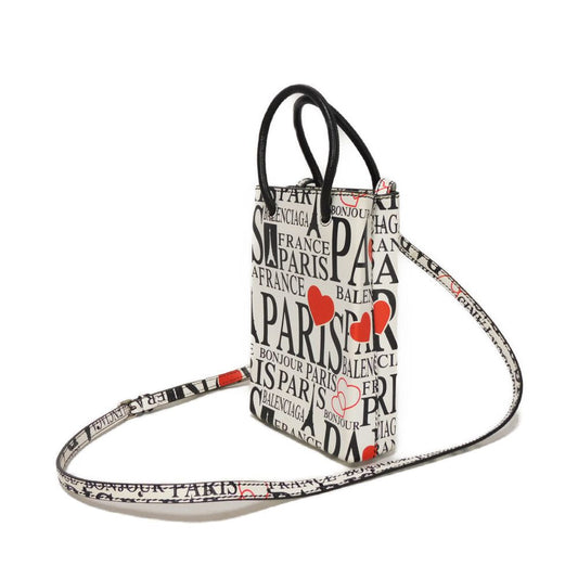 BALENCIAGA Handbag 593826 1BW5N 9065 Calf leather white logo bonjour paris shopping phone holder