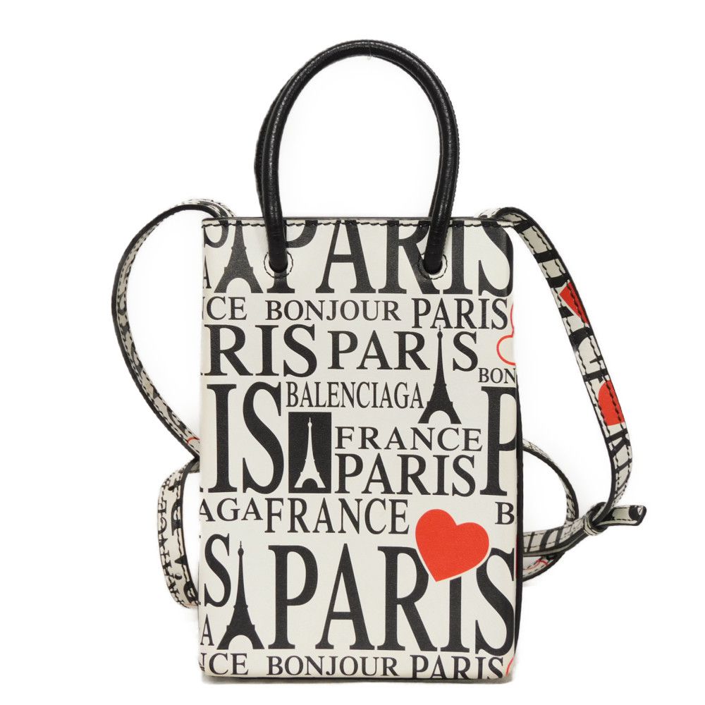 BALENCIAGA Handbag 593826 1BW5N 9065 Calf leather white logo bonjour paris shopping phone holder