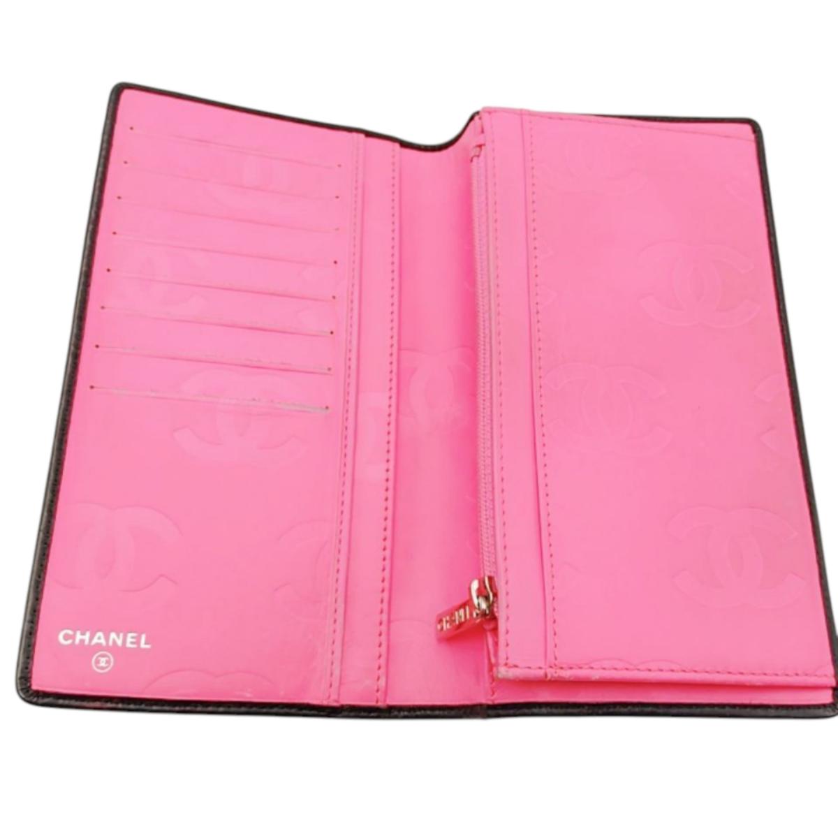 CHANEL Long Wallet Purse A26717 Calfskin Black x Pink Cambon