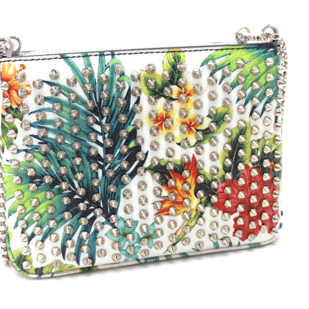 Christian Louboutin Shoulder Bag Patent calf leather white Botanical Pattern Spike studs Crossbody Women Used Authentic