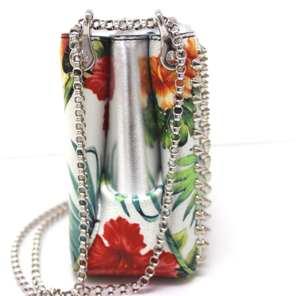 Christian Louboutin Shoulder Bag Patent calf leather white Botanical Pattern Spike studs Crossbody Women Used Authentic