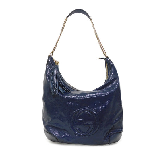 GUCCI Shoulder Bag 326706 Patent leather Navy Patent Tassel ChainShoulder Interlocking G Soho Chain Bag Women Used Authentic