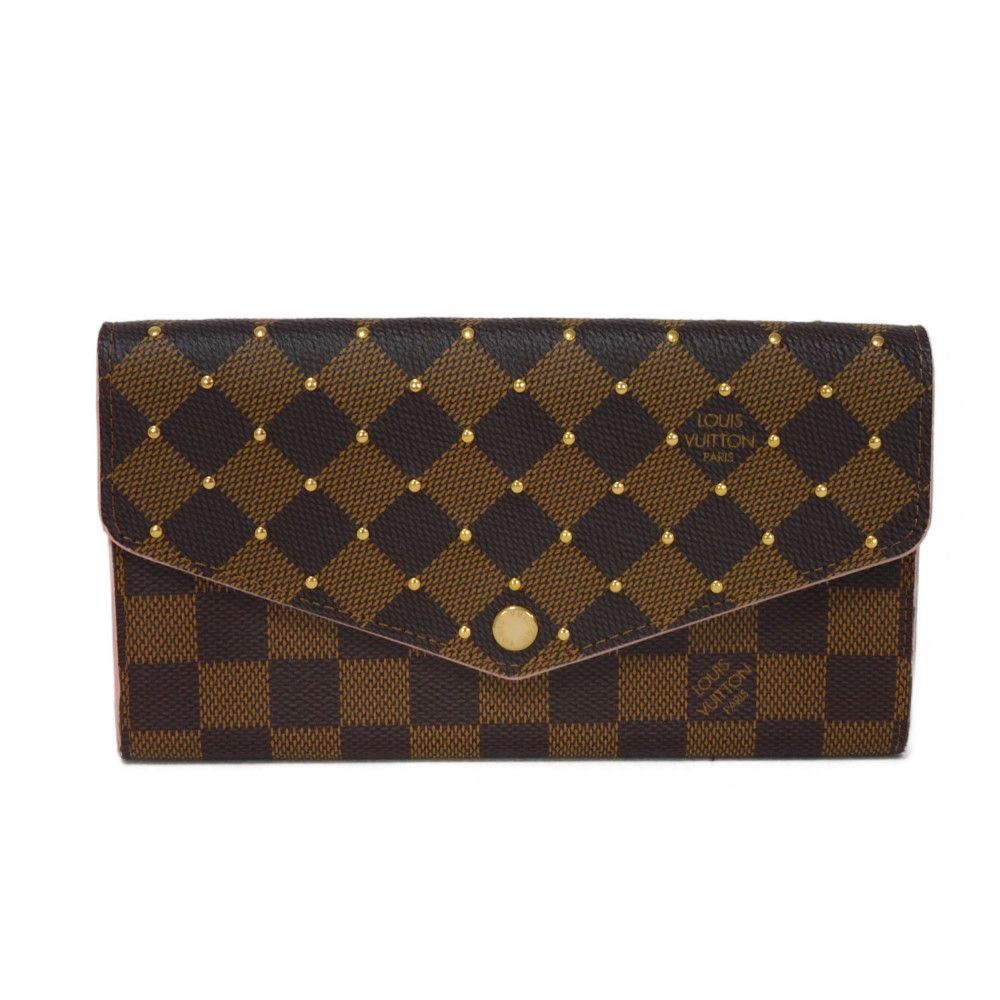 LOUIS VUITTON Long Wallet Purse N60249 Damier canvas x grain leather (embossed) Rose valerine Brown Gold Pink New Bifold Wallet Damier Studs Portefeuille Sarah Women Used Authentic