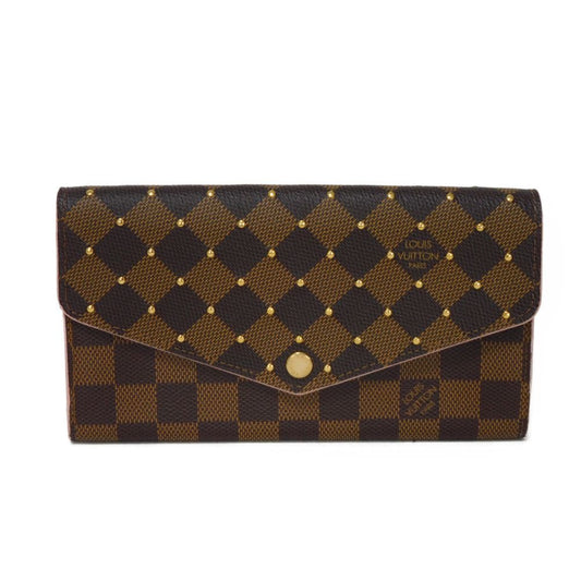 LOUIS VUITTON Long Wallet Purse N60249 Damier canvas x grain leather (embossed) Rose valerine Brown Gold Pink New Bifold Wallet Damier Studs Portefeuille Sarah Women Used Authentic