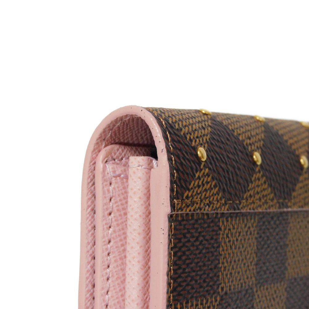 LOUIS VUITTON Long Wallet Purse N60249 Damier canvas x grain leather (embossed) Rose valerine Brown Gold Pink New Bifold Wallet Damier Studs Portefeuille Sarah Women Used Authentic