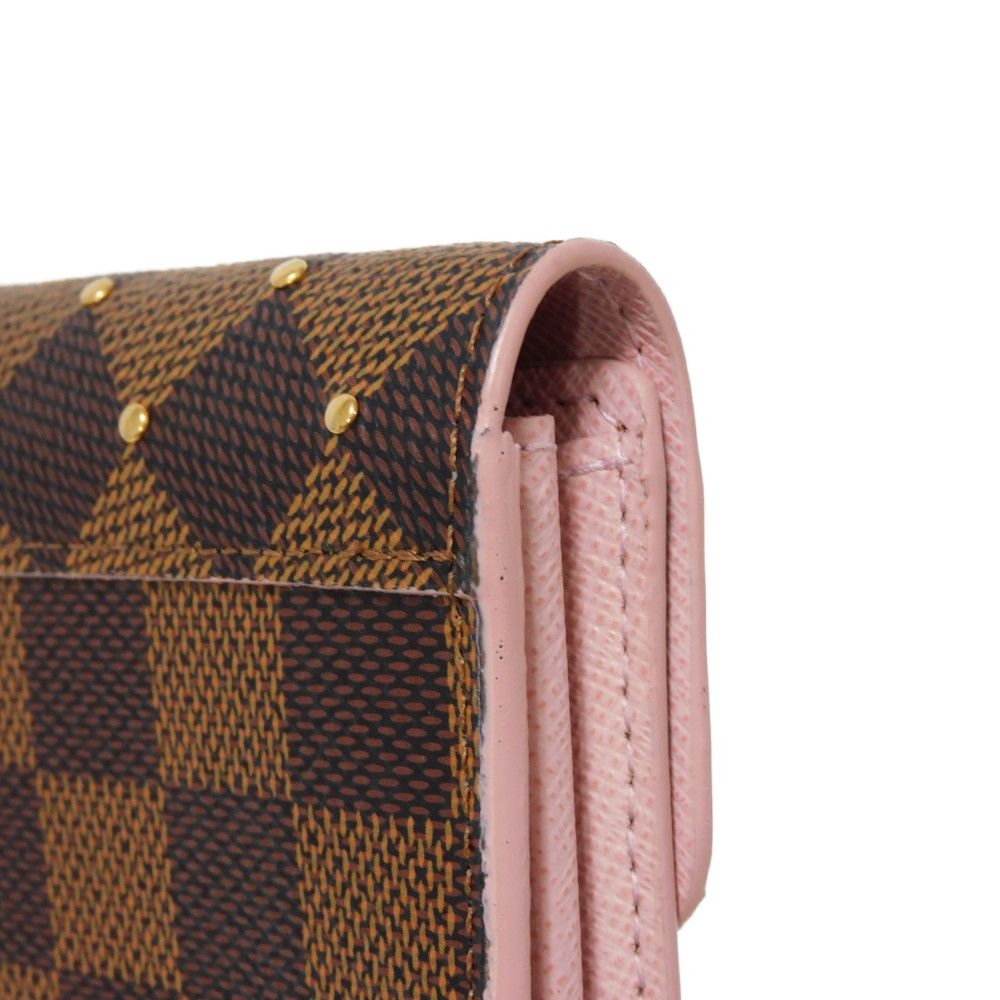 LOUIS VUITTON Long Wallet Purse N60249 Damier canvas x grain leather (embossed) Rose valerine Brown Gold Pink New Bifold Wallet Damier Studs Portefeuille Sarah Women Used Authentic