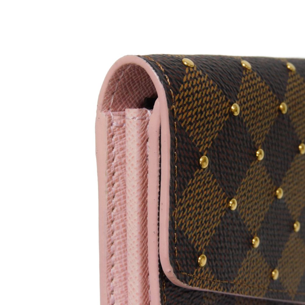 LOUIS VUITTON Long Wallet Purse N60249 Damier canvas x grain leather (embossed) Rose valerine Brown Gold Pink New Bifold Wallet Damier Studs Portefeuille Sarah Women Used Authentic