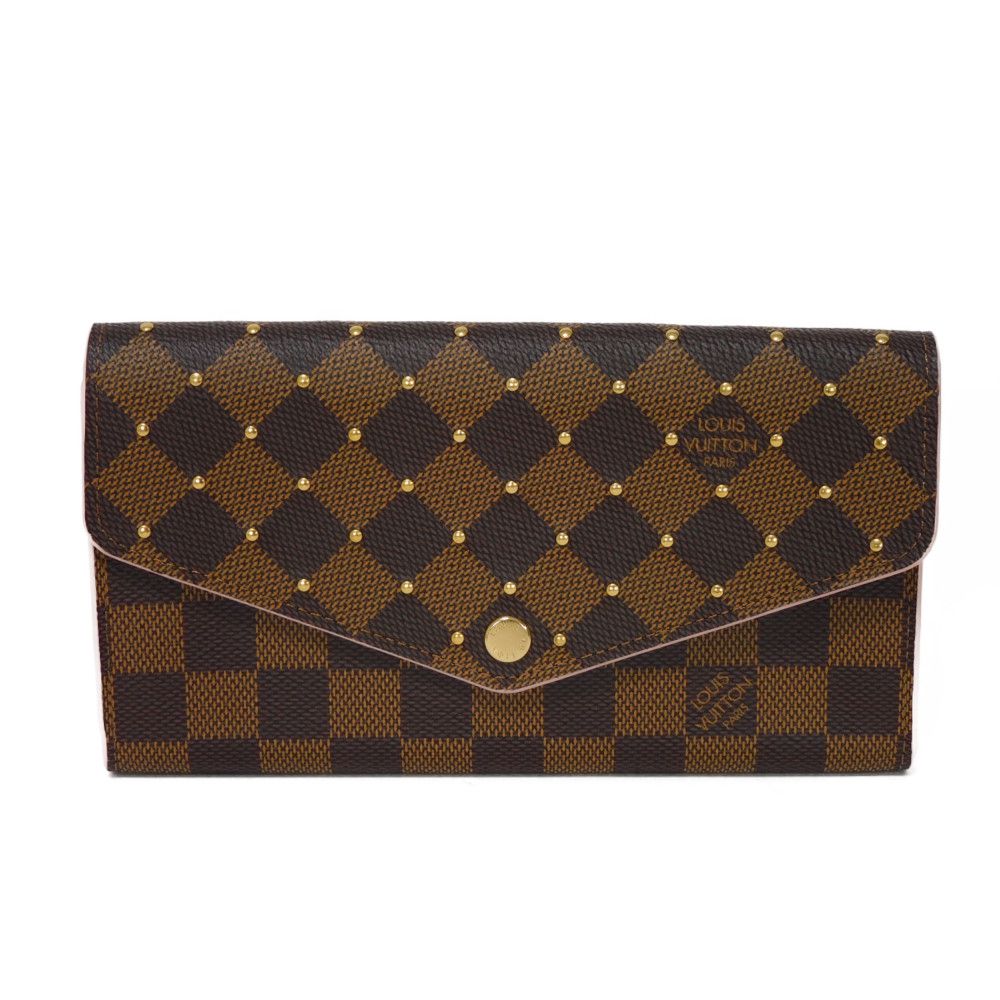 LOUIS VUITTON Long Wallet Purse N60249 Damier canvas x grain leather (embossed) Rose valerine New Brown Gold Pink Bifold Wallet Damier Studs Portefeuille Sarah Women Used Authentic