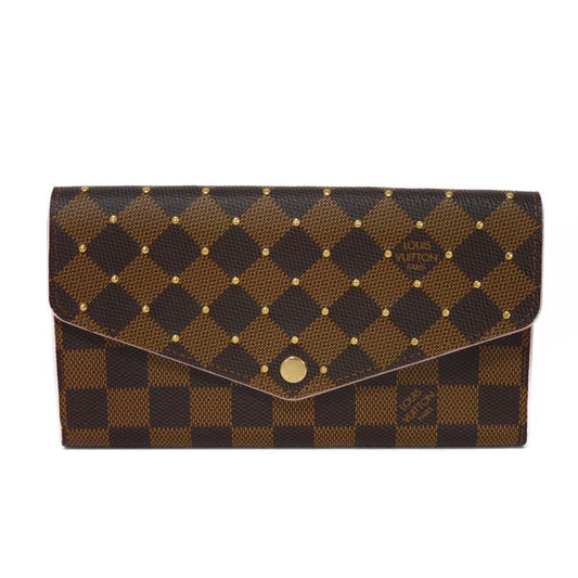 LOUIS VUITTON Long Wallet Purse N60249 Damier canvas x grain leather (embossed) Rose valerine New Brown Gold Pink Bifold Wallet Damier Studs Portefeuille Sarah Women Used Authentic