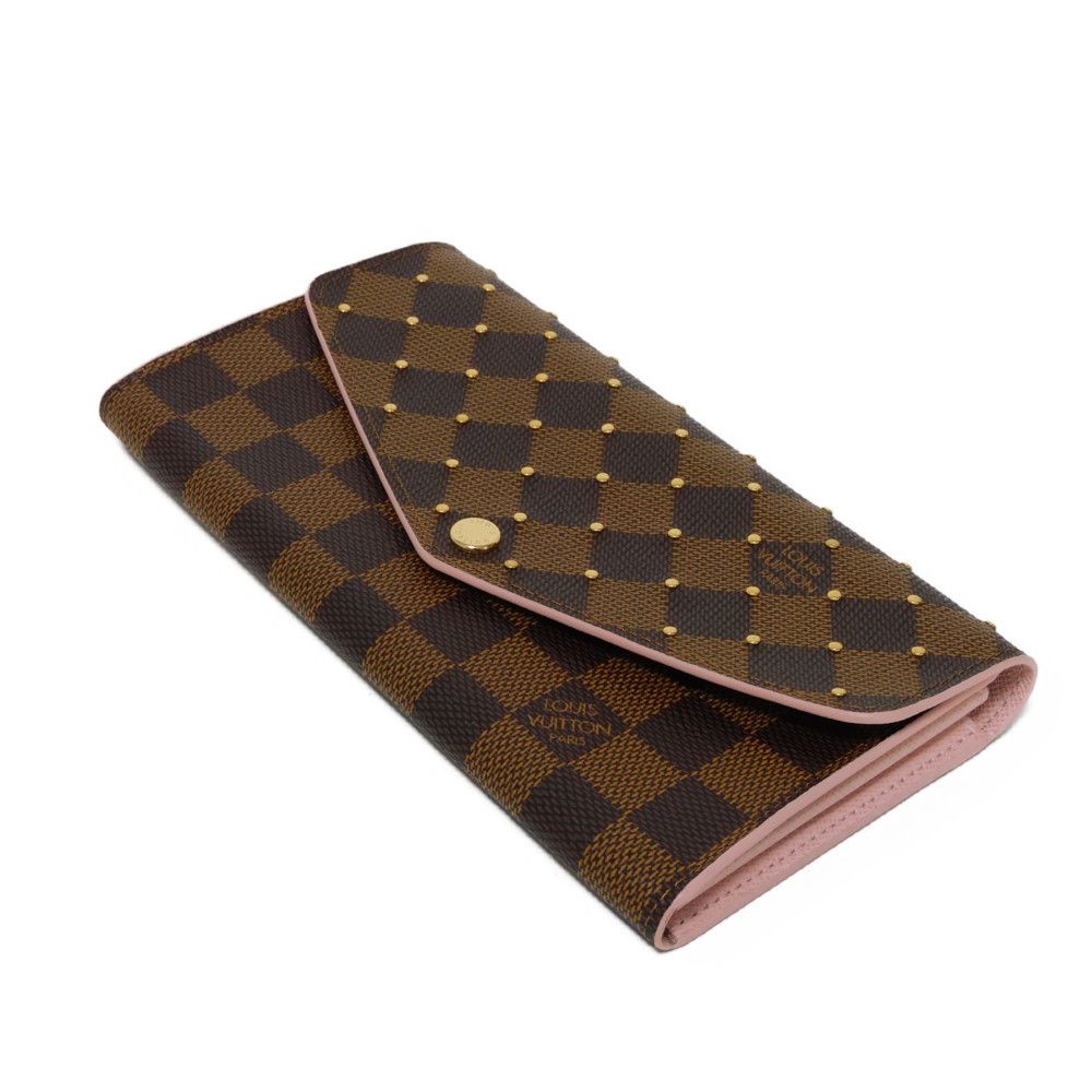 LOUIS VUITTON Long Wallet Purse N60249 Damier canvas x grain leather (embossed) Rose valerine New Brown Gold Pink Bifold Wallet Damier Studs Portefeuille Sarah Women Used Authentic