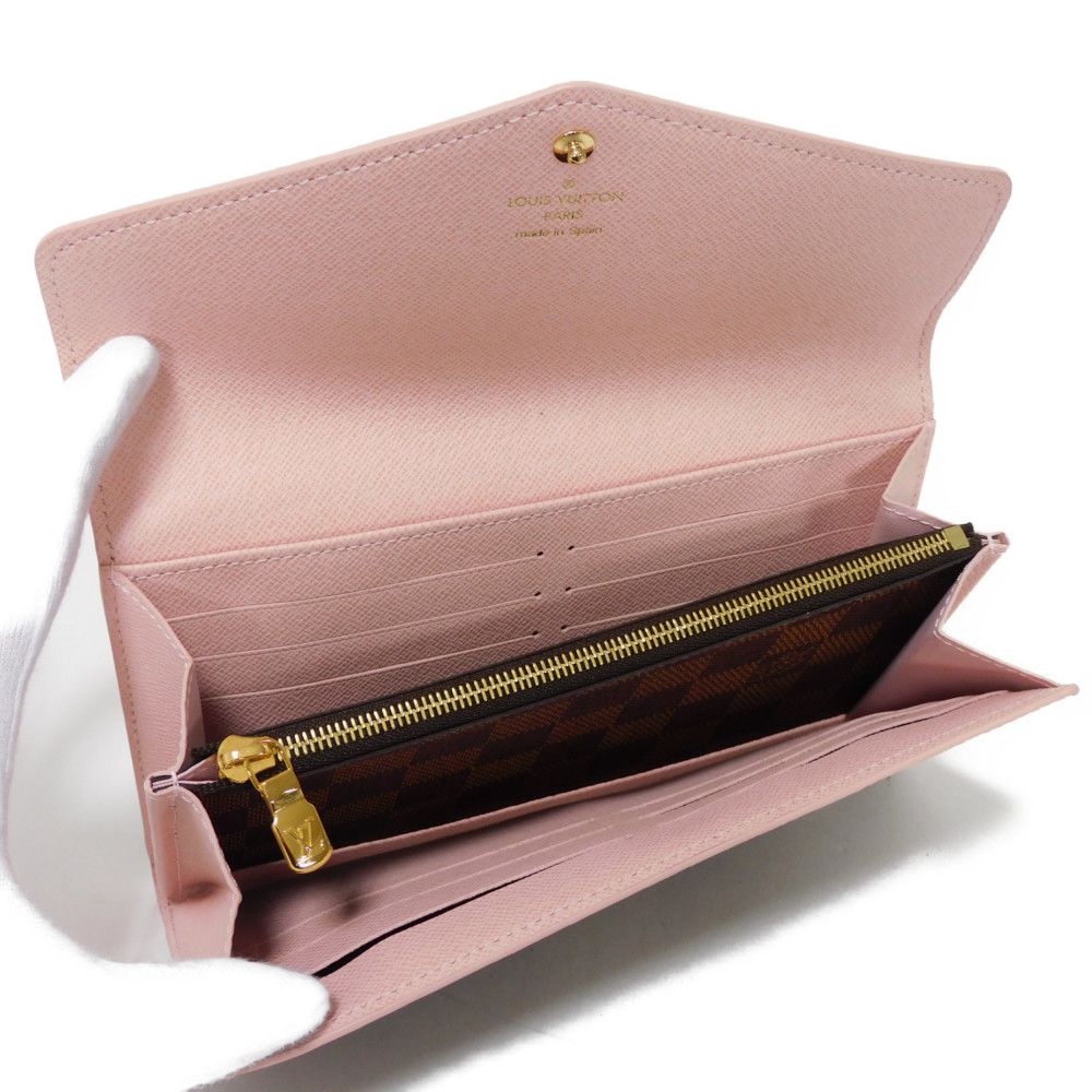 LOUIS VUITTON Long Wallet Purse N60249 Damier canvas x grain leather (embossed) Rose valerine New Brown Gold Pink Bifold Wallet Damier Studs Portefeuille Sarah Women Used Authentic