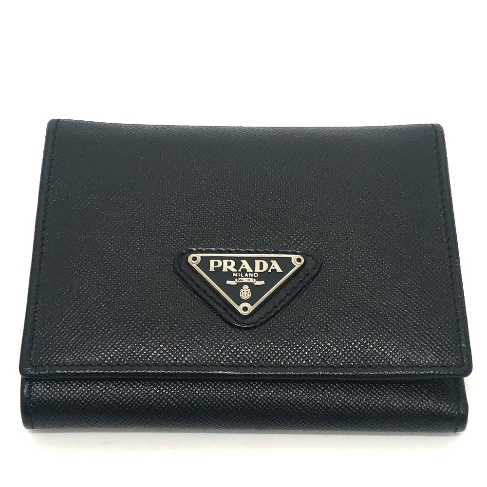 PRADA Trifold wallet M176A Safiano leather black triangle plate Women Used Authentic
