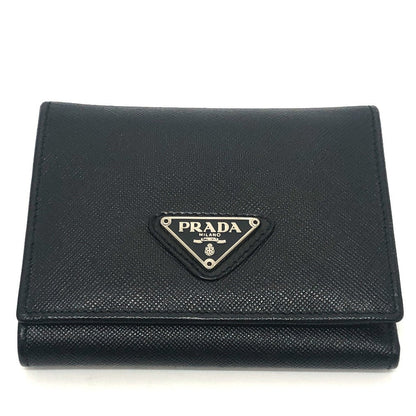 PRADA Trifold wallet M176A Safiano leather black triangle plate Women Used Authentic