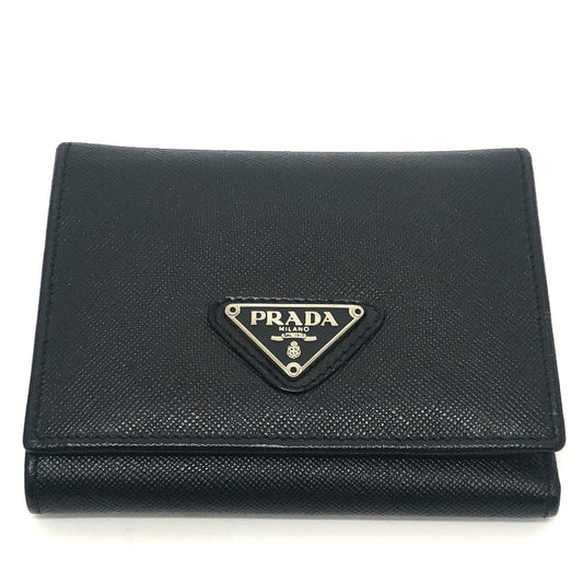 PRADA Trifold wallet M176A Safiano leather black triangle plate Women Used Authentic