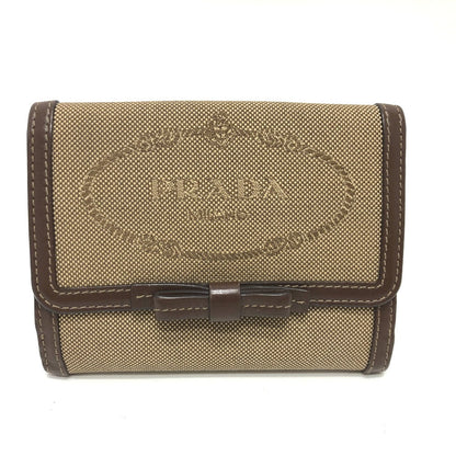 PRADA Trifold wallet 1MH523 Jacquard Brown ribbon logo Women Used Authentic