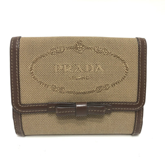 PRADA Trifold wallet 1MH523 Jacquard Brown ribbon logo Women Used Authentic
