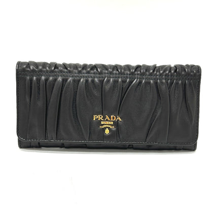 PRADA Long Wallet Purse 1M1132 leather black logo Gathered Women Used Authentic
