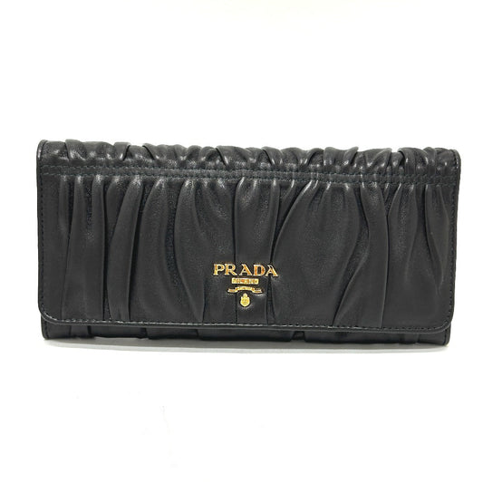 PRADA Long Wallet Purse 1M1132 leather black logo Gathered Women Used Authentic