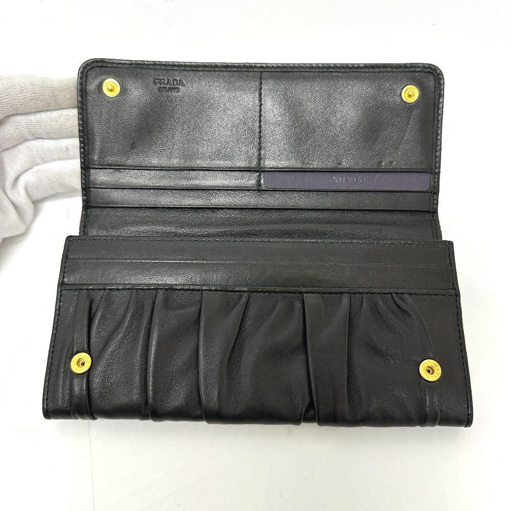 PRADA Long Wallet Purse 1M1132 leather black logo Gathered Women Used Authentic