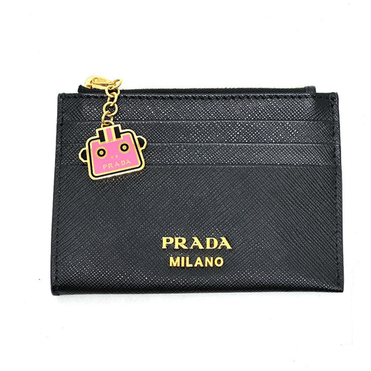 PRADA Coin case Safiano leather black logo robot charm
