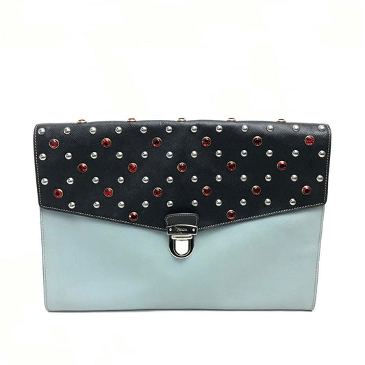 PRADA Clutch bag VR074C leather black Safiano Bijou x studs unisex(Unisex) Used Authentic