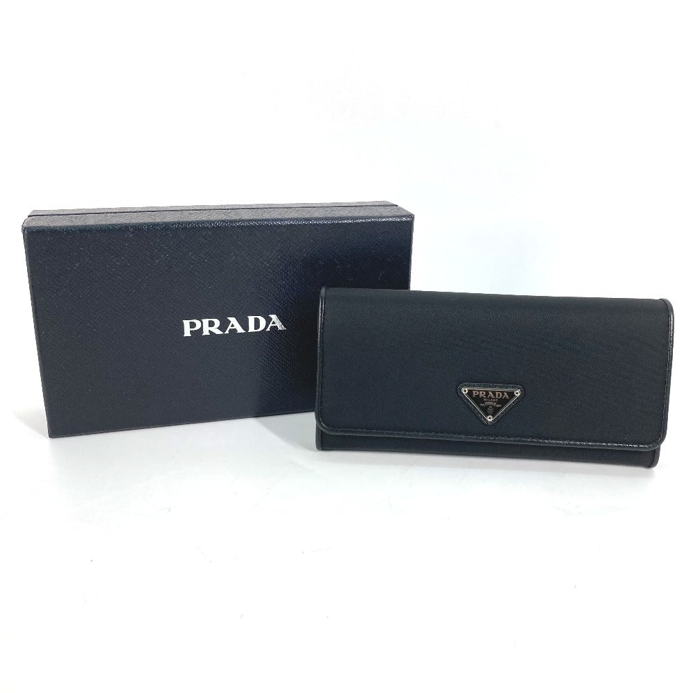 PRADA Folded wallet 1MH132 Nylon canvas, leather black Long Wallet Business Card Case Triangle logo plate Women Used Authentic