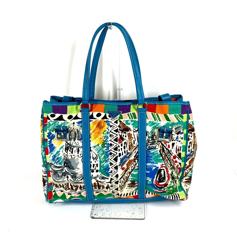 PRADA Tote Bag Canvas / leather multicolor Triangle logo plate All-over logo