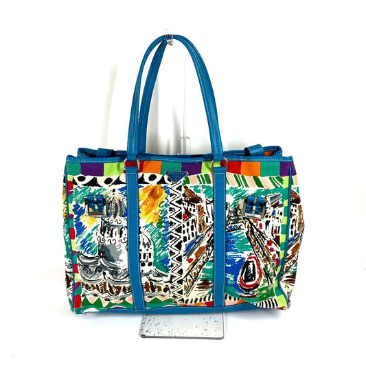 PRADA Tote Bag Canvas / leather multicolor Triangle logo plate All-over logo