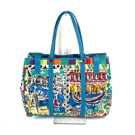 PRADA Tote Bag Canvas / leather multicolor Triangle logo plate All-over logo