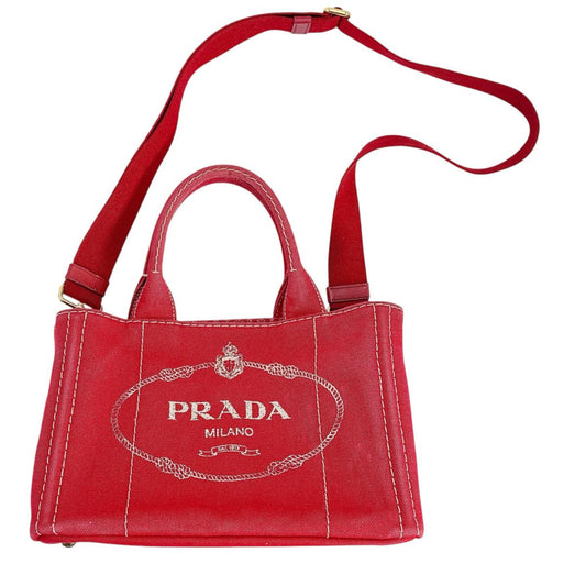 PRADA Tote Bag BN2439 canvas Red 2way mini Canapa Women Used Authentic