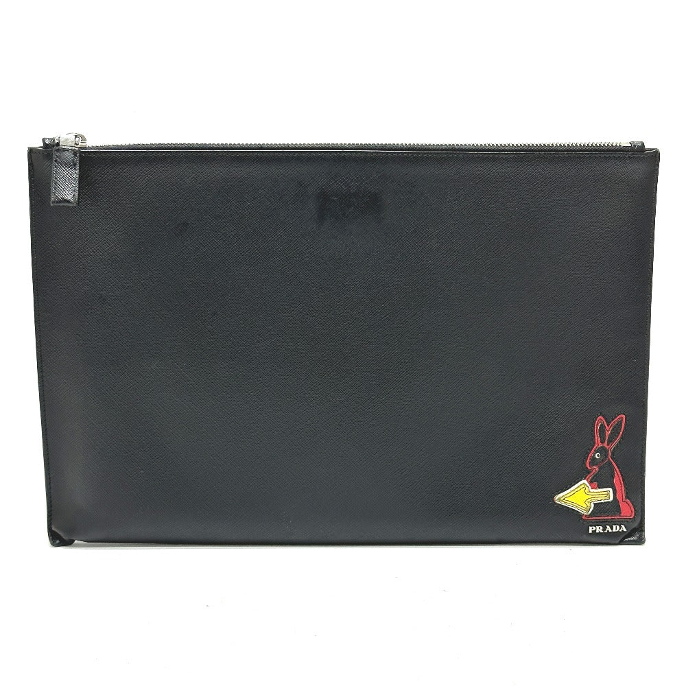 PRADA Clutch bag 2NG001 Safiano leather black logo rabbit mens Used Authentic