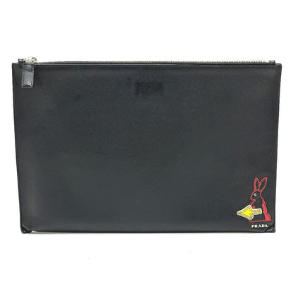 PRADA Clutch bag 2NG001 Safiano leather black logo rabbit mens Used Authentic