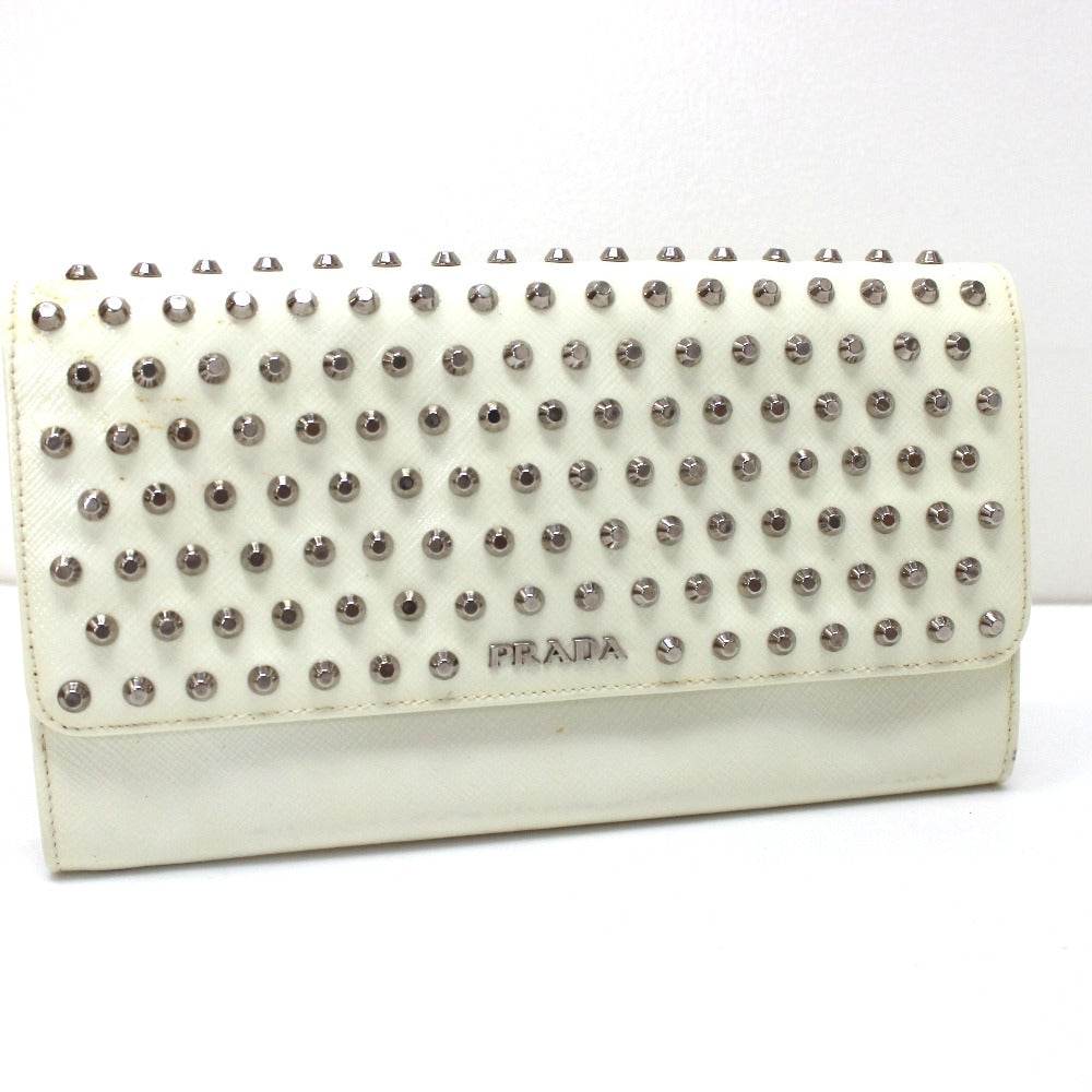PRADA Long Wallet Purse leather white Wallet bag Studs Women Used Authentic