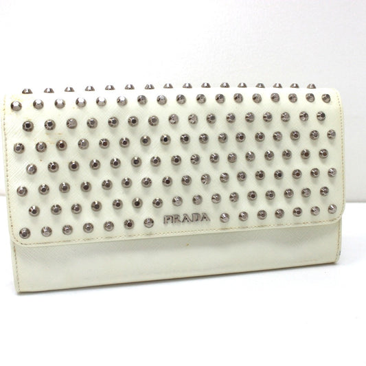 PRADA Long Wallet Purse leather white Wallet bag Studs Women Used Authentic