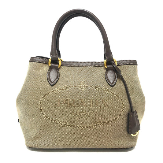 PRADA Handbag 1BA172 Nylon jacquard / leather khaki Logo jacquard Women Used Authentic