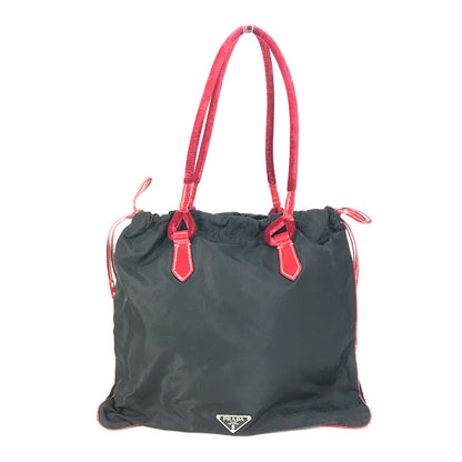 PRADA Handbag Patent leather, nylon, velour black By color logo drawstring bag triangle logo triangular logo plate Women Used Authentic