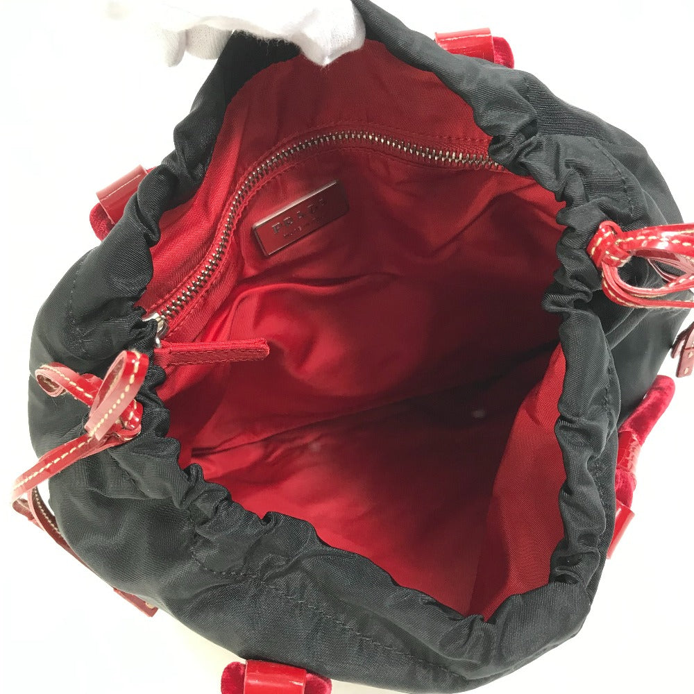 PRADA Handbag Patent leather, nylon, velour black By color logo drawstring bag triangle logo triangular logo plate Women Used Authentic