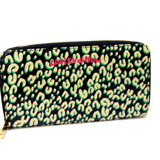 LOUIS VUITTON Long Wallet Purse M91475 Patent leather black Vernis Leopard Zippy wallet Women Used Authentic