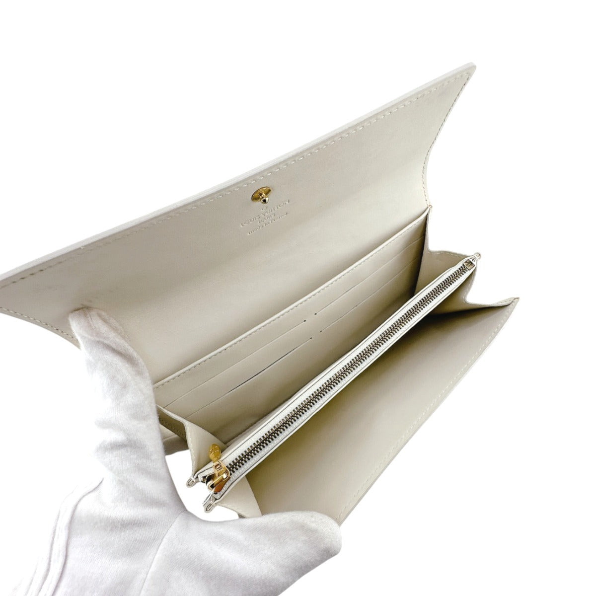 LOUIS VUITTON Long Wallet Purse M91382 Monogram Vernis Cream white Zippered wallet Vernis Pochette Portomonnaie Credit Perle Women Used Authentic