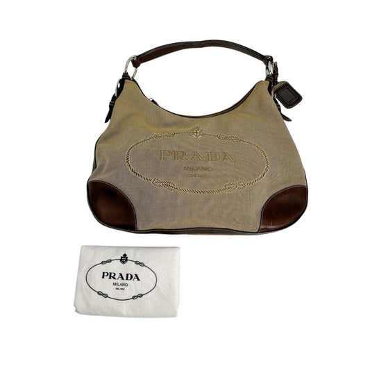 PRADA Handbag BR3423 Canvas, Leather beige one belt Logo jacquard Women Used Authentic