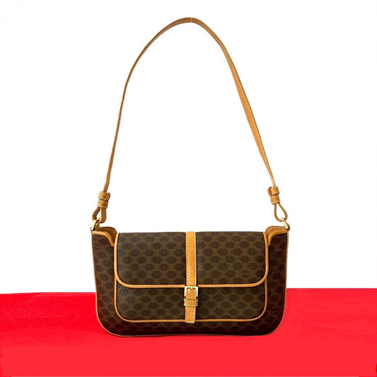 CELINE Shoulder Bag Leather, PVC Brown Macadam Blason Triomphe Pattern Women Used Authentic