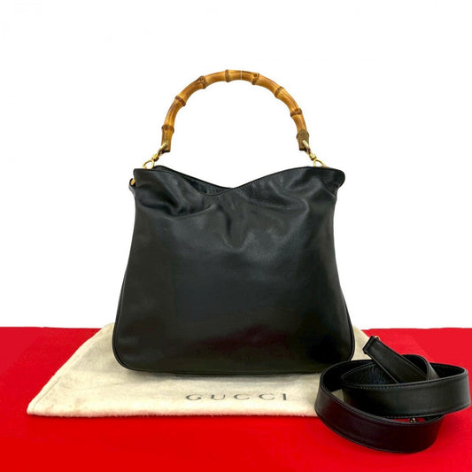 GUCCI Shoulder Bag leather black Bamboo