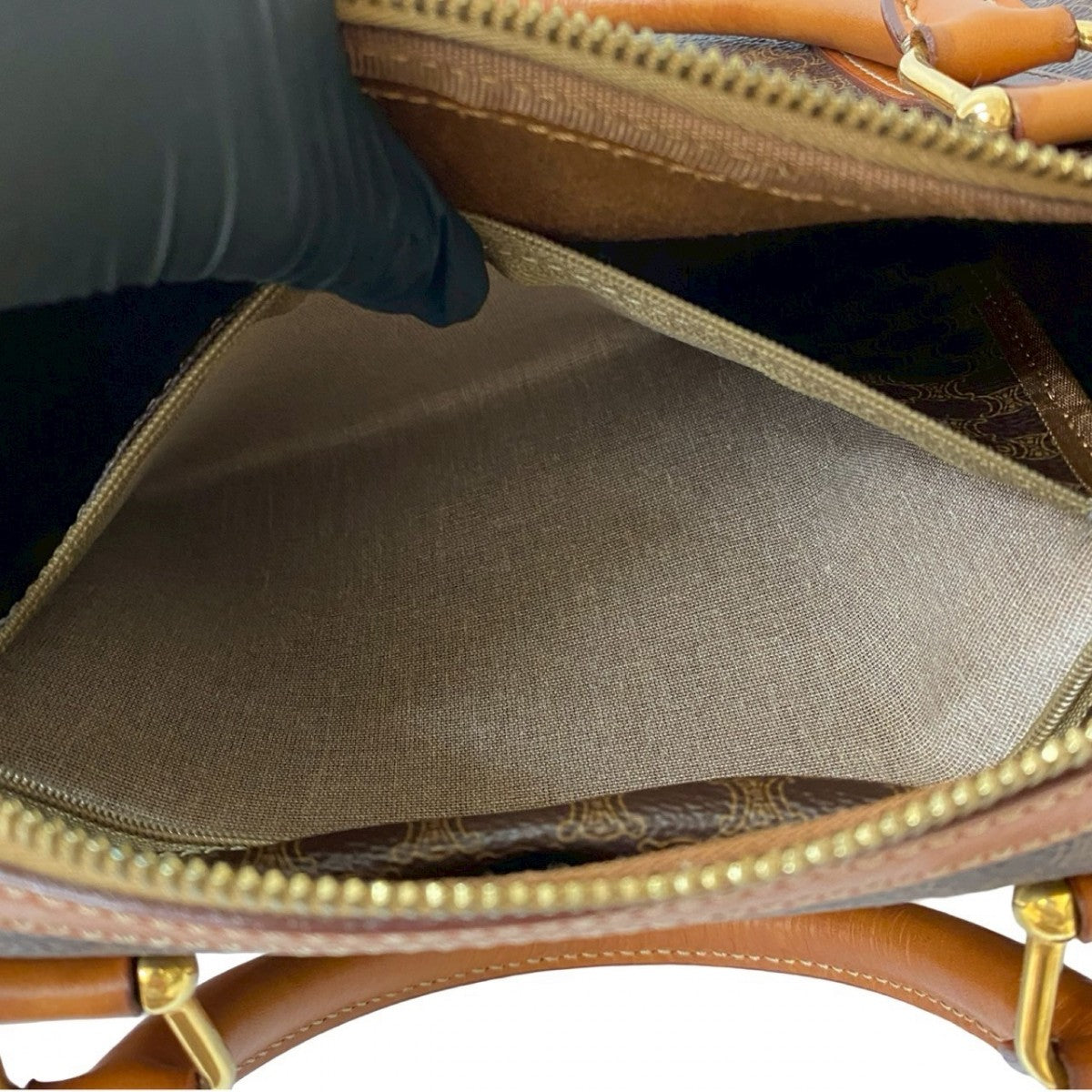 CELINE Handbag Leather, PVC Brown Macadam Blason Triomphe Women Used Authentic