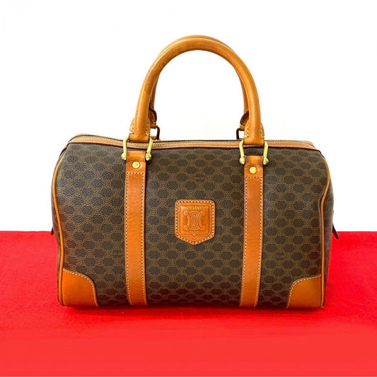 CELINE Handbag Leather, PVC Brown Macadam Blason Triomphe Women Used Authentic